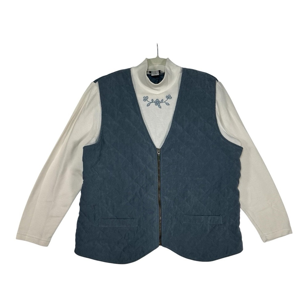 ALFRED DUNNER Blue Quilted Faux Suede Vest Embroidered Mock‎ Neck Top Set 16W